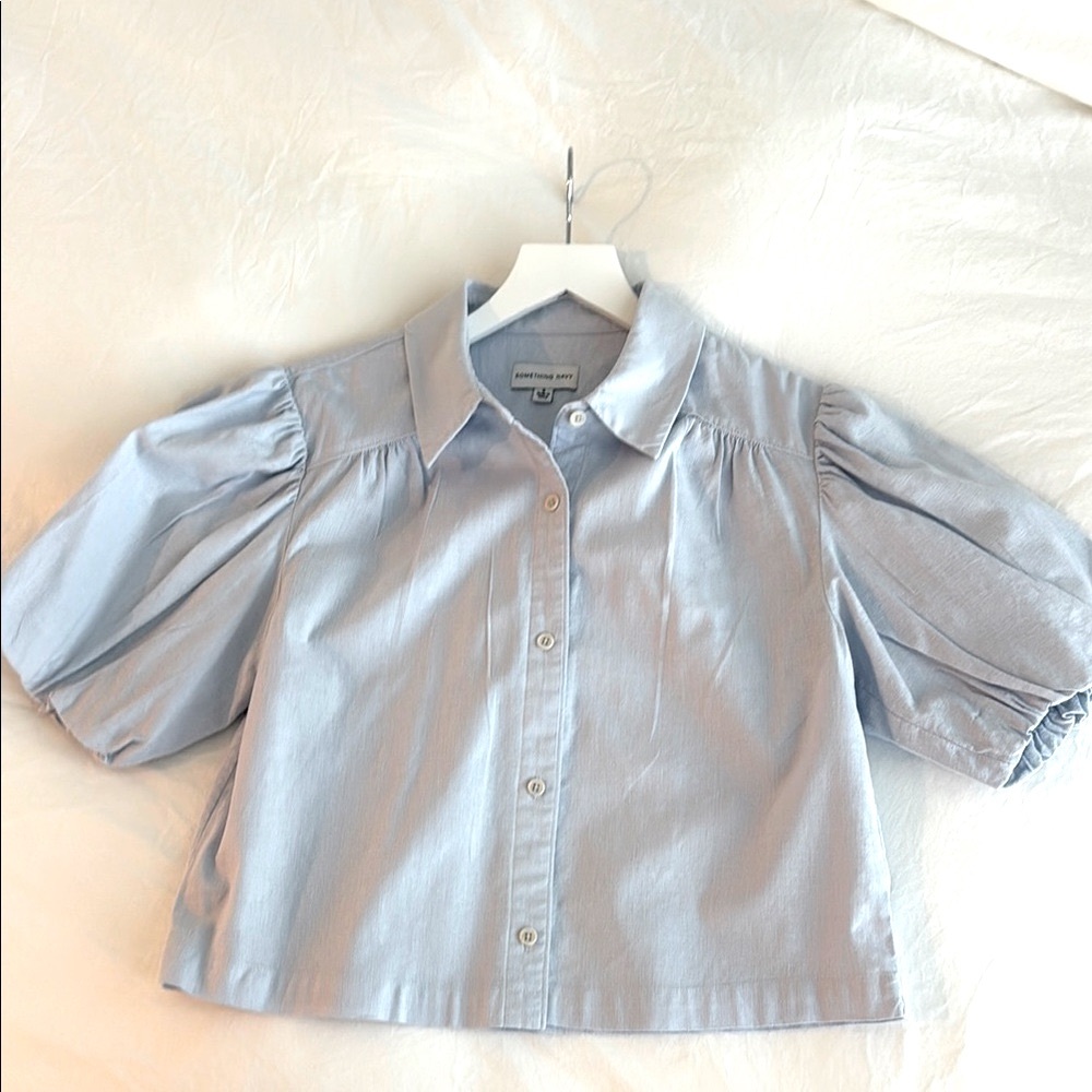 Something Navy Light Blue Puff Sleeve button down cropped Shirt